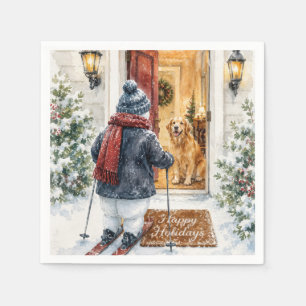 Servilleta De Papel Felices Fiestas Muñeco de Nieve en Esquís