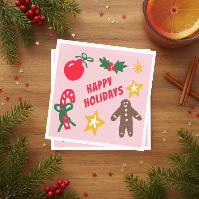 Servilleta De Papel FELICES FIESTAS Personalizadas Dibujadas a Mano  (HAPPY HOLIDAYS Cute Hand-Drawn icons Christmas Party CUSTOM Napkins
)