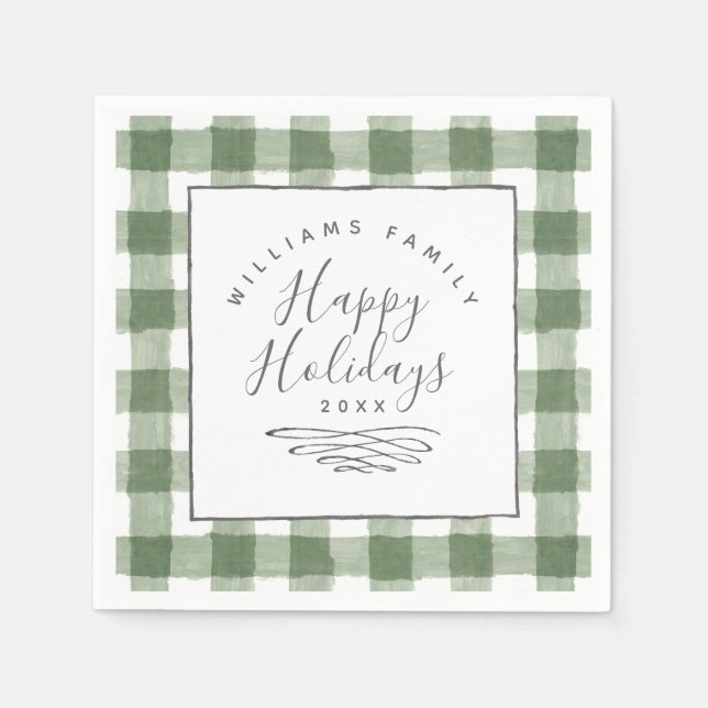 Servilleta De Papel Felices Fiestas Rusas Papel de Gingham Verde (Anverso)