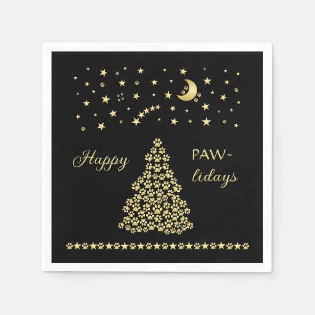 Servilleta De Papel Felices Pawlidays, árbol de navidad Gold brillante (Anverso)