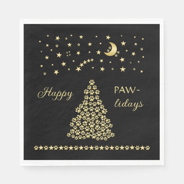 Servilleta De Papel Felices Pawlidays, árbol de navidad Gold brillante (Anverso)