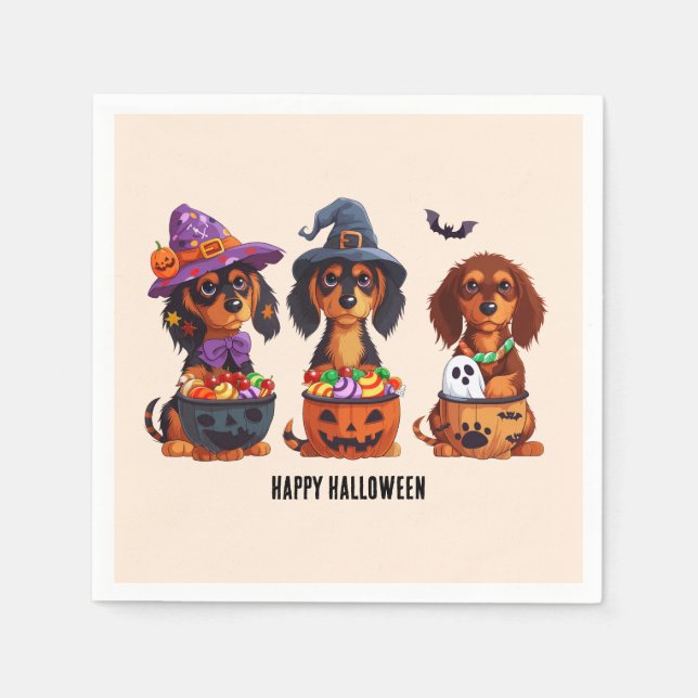 Servilleta De Papel Felices perros Dachshund de Halloween (Anverso)