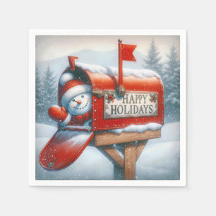 Servilleta De Papel Felices Vacaciones Buzón Rojo Con Waving Snowman