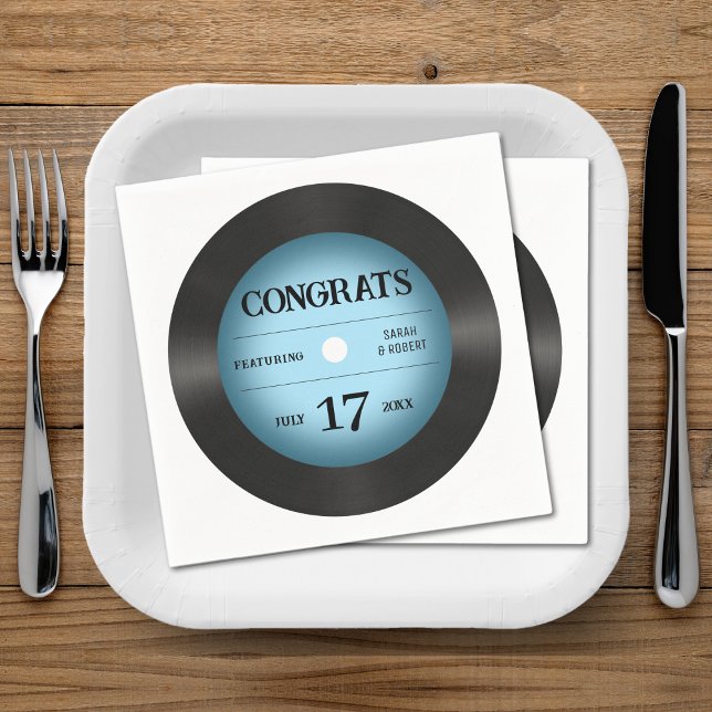 Servilleta De Papel Felicitaciones al Boda del Rétro Blue Vinyl Record (Retro Blue Vinyl Record Wedding Congratulations Napkins
)