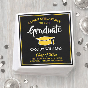 Servilleta De Papel Felicitaciones Black Gold Yellow Graduation Party