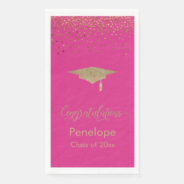 Servilleta De Papel Felicitaciones Gold Confetti Grad Cap Bold Pink (Anverso)