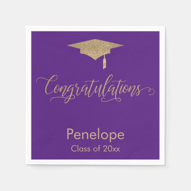 Servilleta De Papel Felicitaciones Purpurina de oro Graduación Cap Pur (Anverso)
