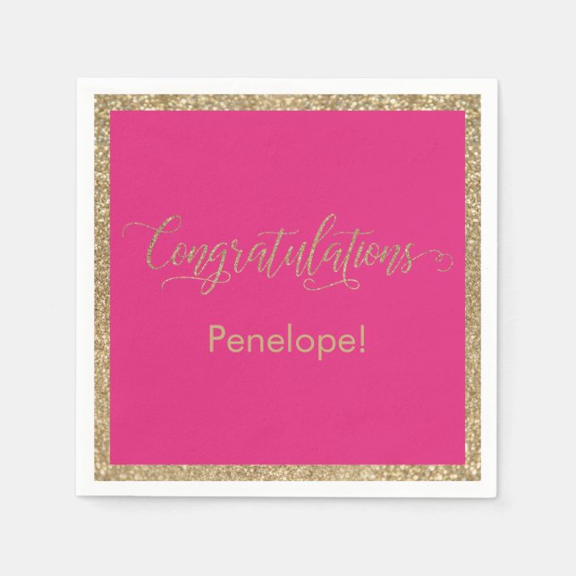 Servilleta De Papel Felicitaciones Typography Gold Purpurina Hot Pink (Anverso)