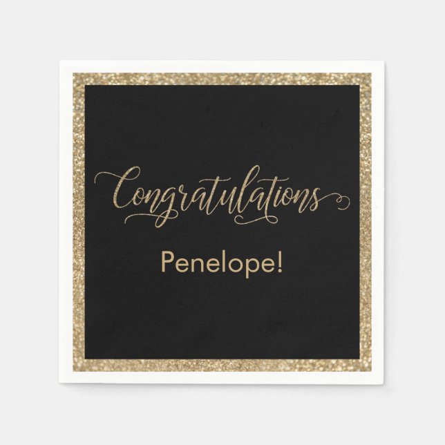 Servilleta De Papel Felicitaciones Typography Gold Purpurina y Black (Anverso)