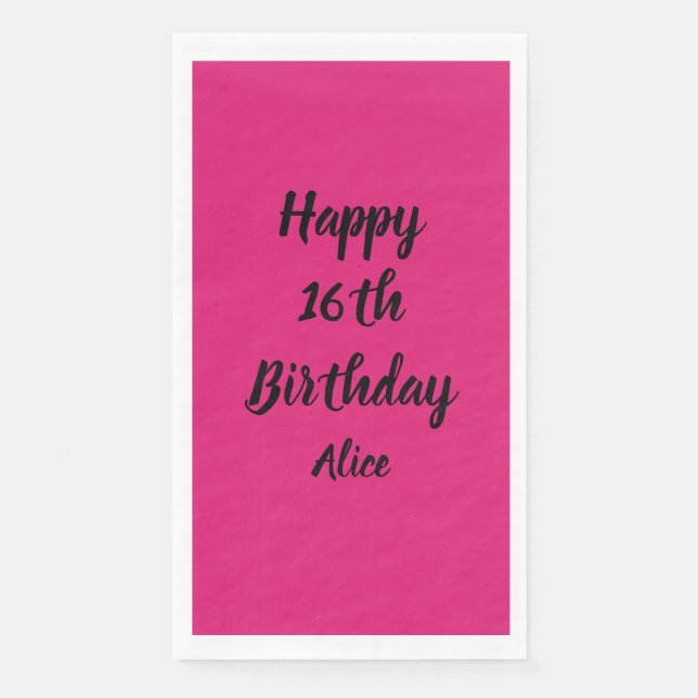 Servilleta De Papel Feliz 16º cumpleaños Pink Black Custom Name Girly (Anverso)