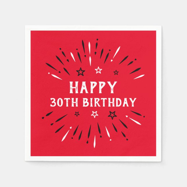 Servilleta De Papel Feliz 30° cumpleaños fuegos artificiales rojo negr (Anverso)