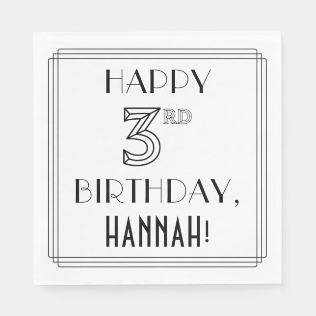 Servilleta De Papel FELIZ 3° CUMPLEAÑOS; Estilo Art Deco; Nombre perso (Anverso)