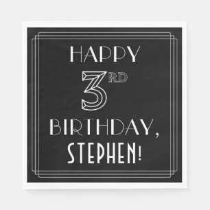 Servilleta De Papel FELIZ 3° CUMPLEAÑOS; Estilo Art Deco; Nombre perso