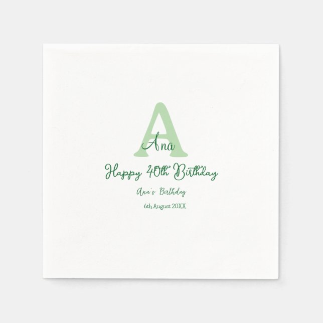 Servilleta De Papel Feliz 40 cumpleaños verde añadir nombre monograma  (Anverso)
