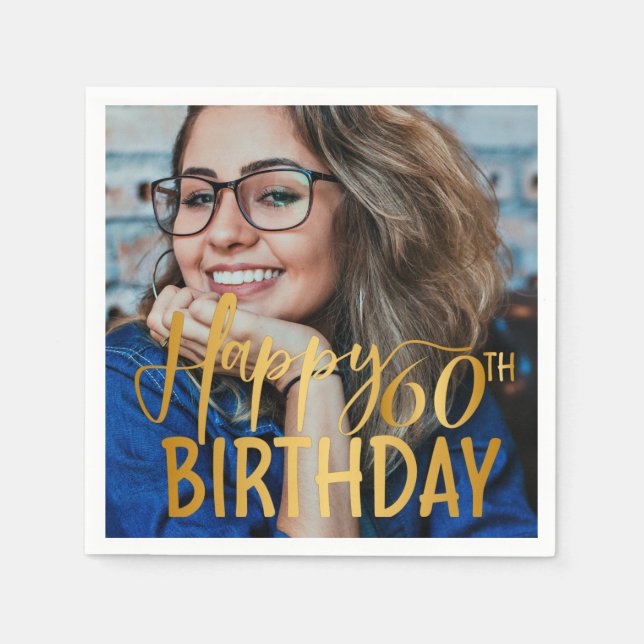 Servilleta De Papel Feliz 60 aniversario Script de foto personalizada (Anverso)