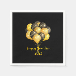 Servilleta De Papel Feliz Año Nuevo 2023 Globos de oro y negro (negro