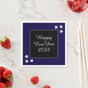 Servilleta De Papel Feliz Año Nuevo 2026 Estrellas Plateadas Negras y