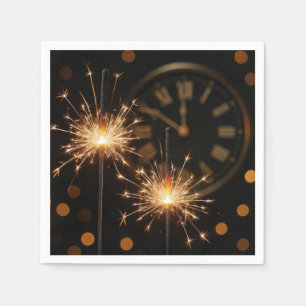 Servilleta De Papel Feliz Año Nuevo bengalas en un reloj de medianoche