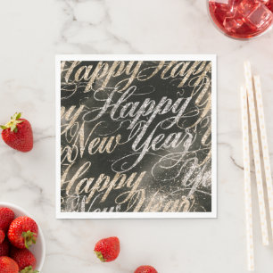 Servilleta De Papel Feliz Año Nuevo Dorado Negro Plateado Brillante
