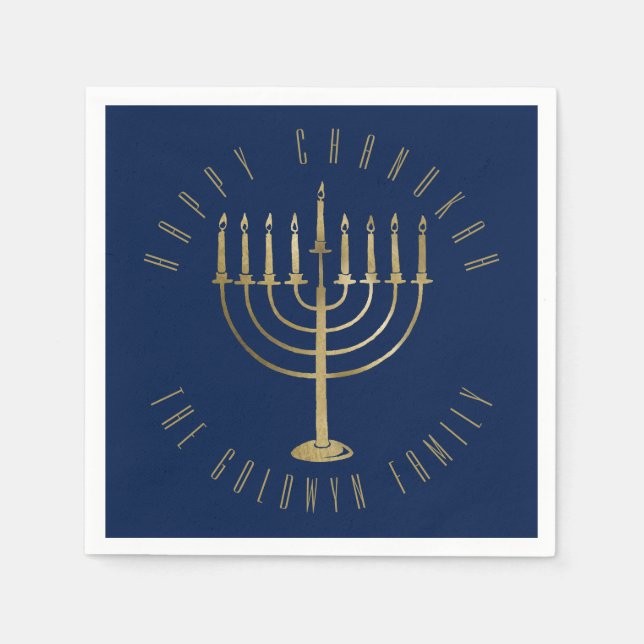 Servilleta De Papel Feliz Chanukah Blue Gold Menorah Holiday (Anverso)