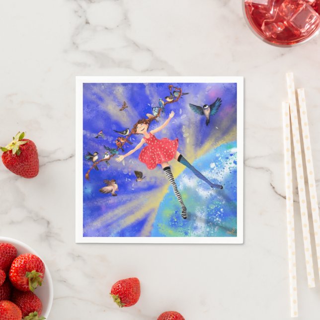 Servilleta De Papel Feliz Chica con pájaros - Añade tu imagen / texto (In situ)