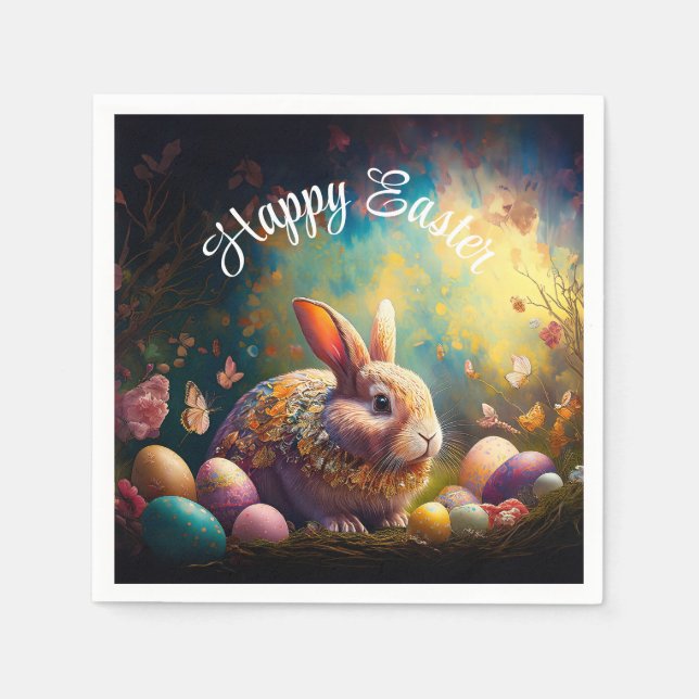 Servilleta De Papel Feliz Conejo de Pascua con huevos de Pascua (Anverso)
