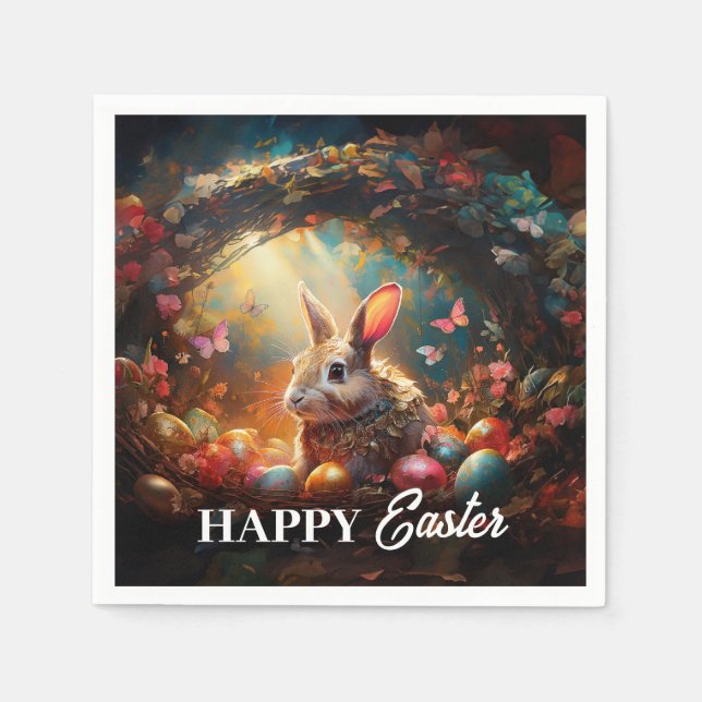 Servilleta De Papel Feliz Conejo de Pascua con huevos de Pascua (Anverso)