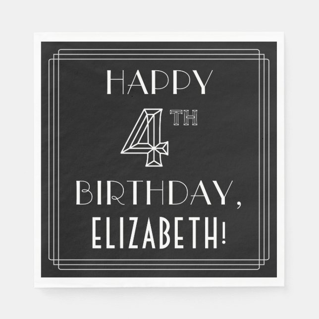 Servilleta De Papel FELIZ CUARTO CUMPLEAÑOS; Estilo Art Decó; Nombre p (Anverso)