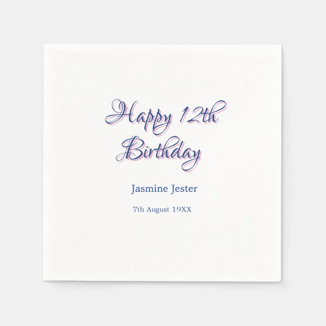 Servilleta De Papel feliz cumpleaños 12 azul rosa nombre fecha simple  (Anverso)
