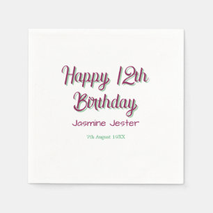 Servilleta De Papel feliz cumpleaños 12 verde rosa nombre fecha simple