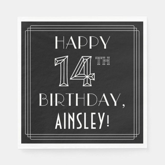 Servilleta De Papel FELIZ CUMPLEAÑOS 14; Estilo Art Deco; Nombre perso (Anverso)