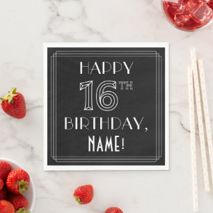 Servilleta De Papel FELIZ CUMPLEAÑOS 16; Estilo Art Deco; Nombre perso