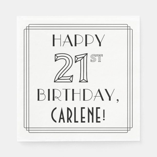 Servilleta De Papel FELIZ CUMPLEAÑOS 21; Estilo Art Deco; Nombre perso (Anverso)