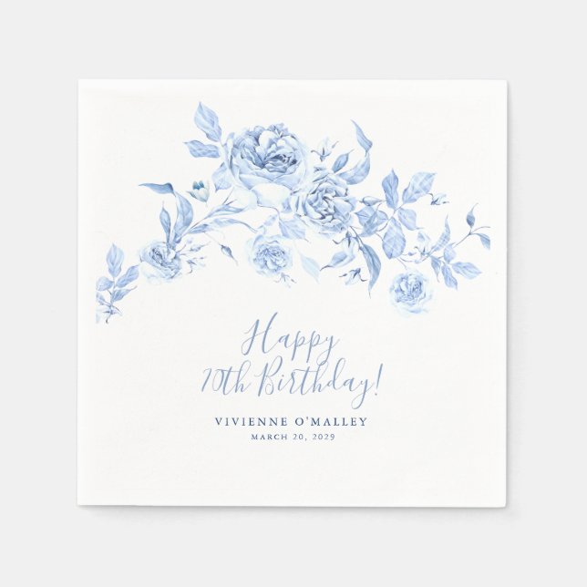 Servilleta De Papel Feliz cumpleaños 70.º Rosa azul Personalizado flor (Anverso)