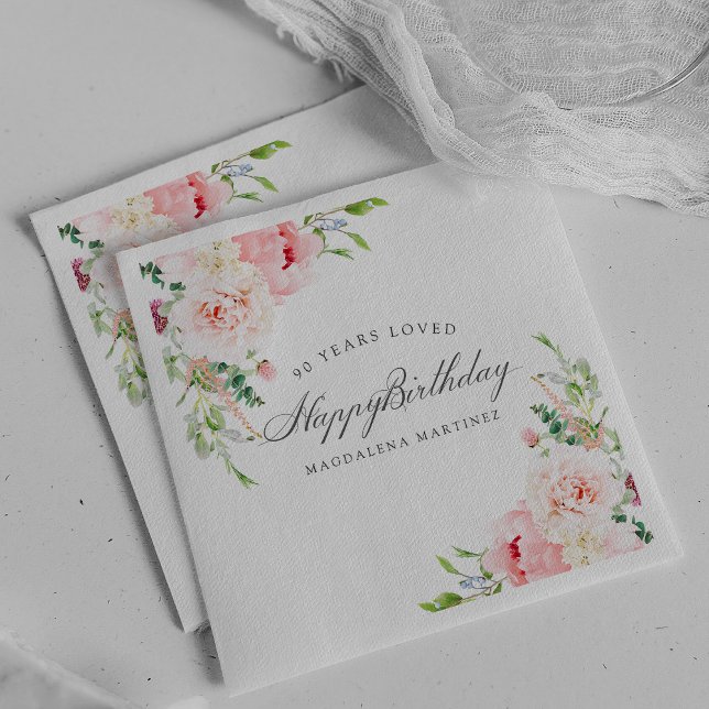 Servilleta De Papel Feliz cumpleaños 90º cóctel Personalizado Floral R (Subido por el creador)