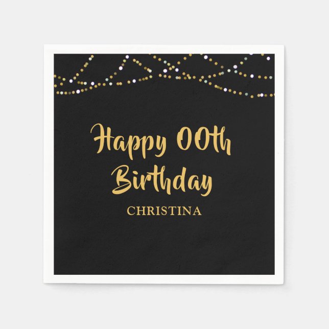 Servilleta De Papel Feliz cumpleaños a CUALQUIER AÑO Black Gold String (Anverso)
