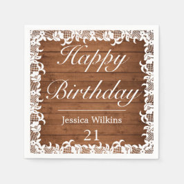 Servilleta De Papel Feliz cumpleaños a Rustic Wood & White Lace