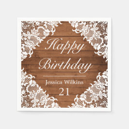 Servilleta De Papel Feliz cumpleaños a Rustic Wood & White Lace