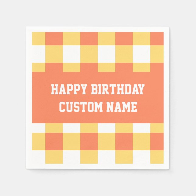 Servilleta De Papel Feliz cumpleaños amarillo gingham (Anverso)