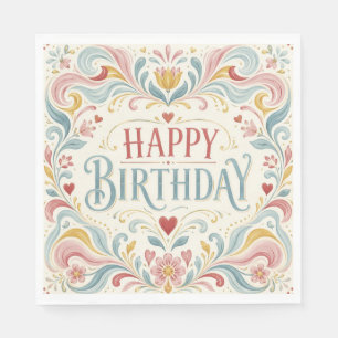 Servilleta De Papel Feliz Cumpleaños Arte Popular Escandinavo Florales