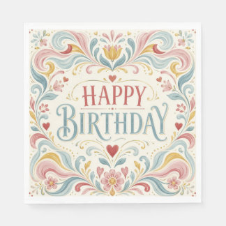 Servilleta De Papel Feliz Cumpleaños Arte Popular Escandinavo Florales