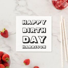 Servilleta De Papel Feliz cumpleaños blanco negro nombre personalizado