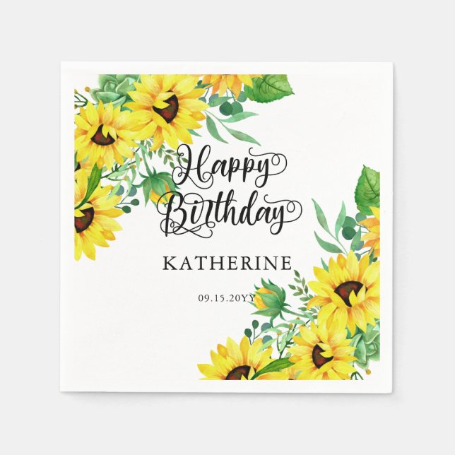 Servilleta De Papel Feliz cumpleaños Boho Sunflowers | Eucalyptus (Anverso)