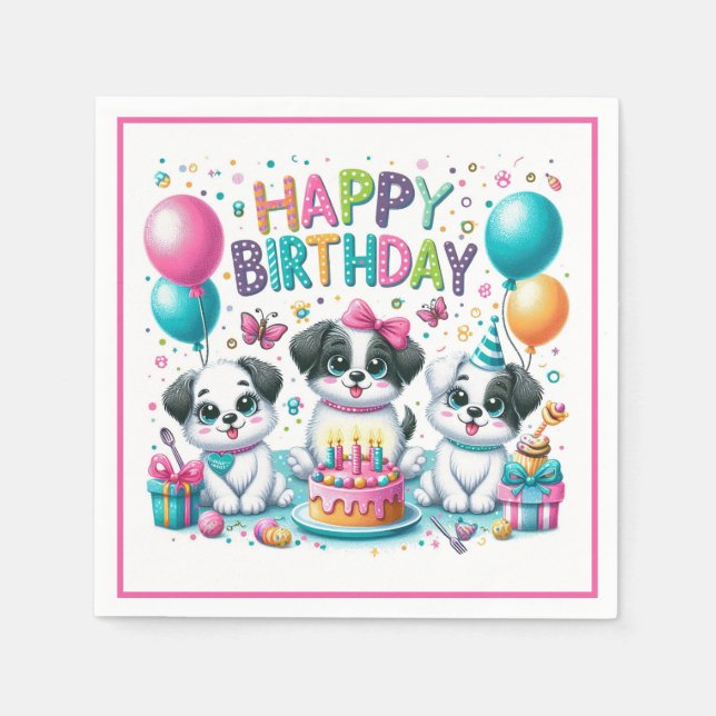 Servilleta De Papel Feliz Cumpleaños Cachorros (Anverso)