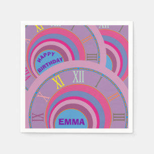 Servilleta De Papel Feliz Cumpleaños Clock Pink Purple Blue Artsy