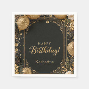 Servilleta De Papel Feliz Cumpleaños con Nombre en Negro y Dorado Eleg