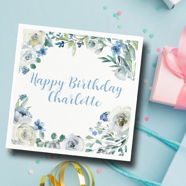Servilleta De Papel Feliz cumpleaños elegante Fiesta floral azul blanc (Subido por el creador)