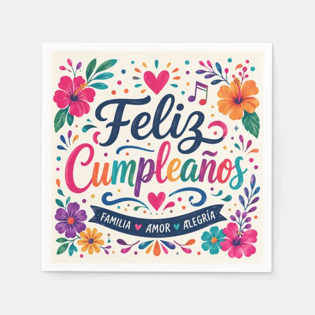 Servilleta De Papel Feliz Cumpleaños Fiesta Floral Española (Anverso)