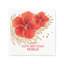 Feliz cumpleaños, hibiscus tropical rojo y hoja de