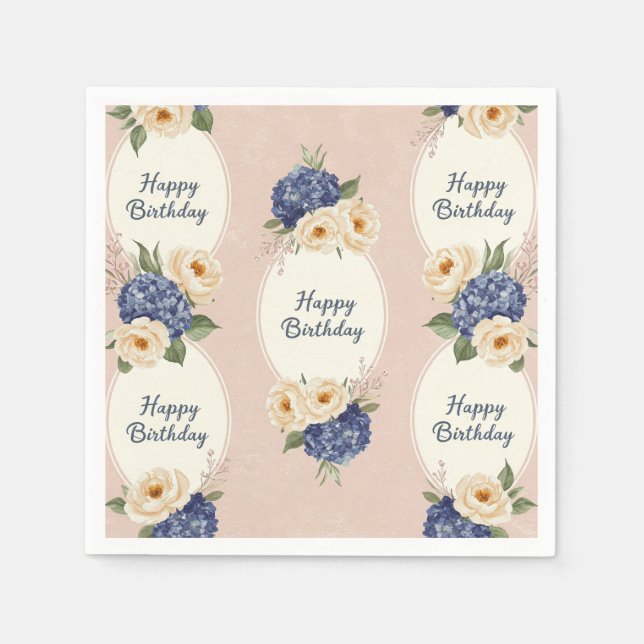 Servilleta De Papel Feliz cumpleaños, Hydrangeas y Peonies (Anverso)